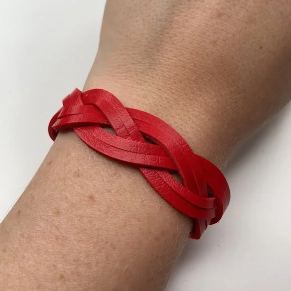 Red Genuine Leather Braided Western Cowgirl Cuff Adjustable Women’s Bracelet NEW - Picture 5 of 6